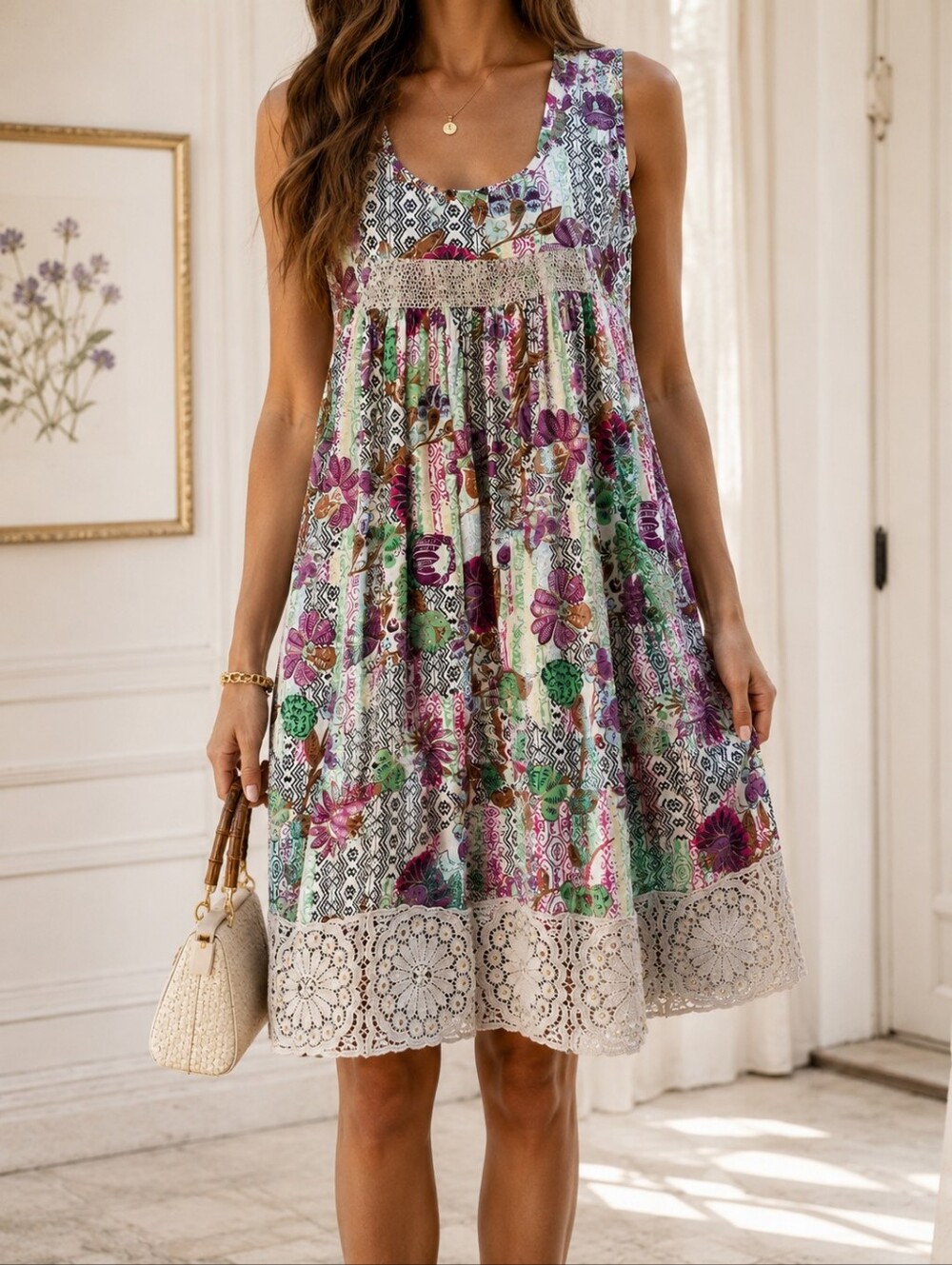 Neva 100% Cotton Floral Geometric Crochet Lace Trim Midi Dress Large